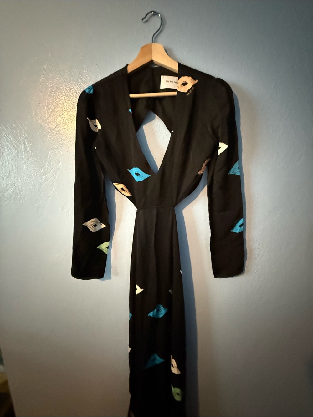 Black Long-Sleeve V-Neck Dress with Multicolor Motif